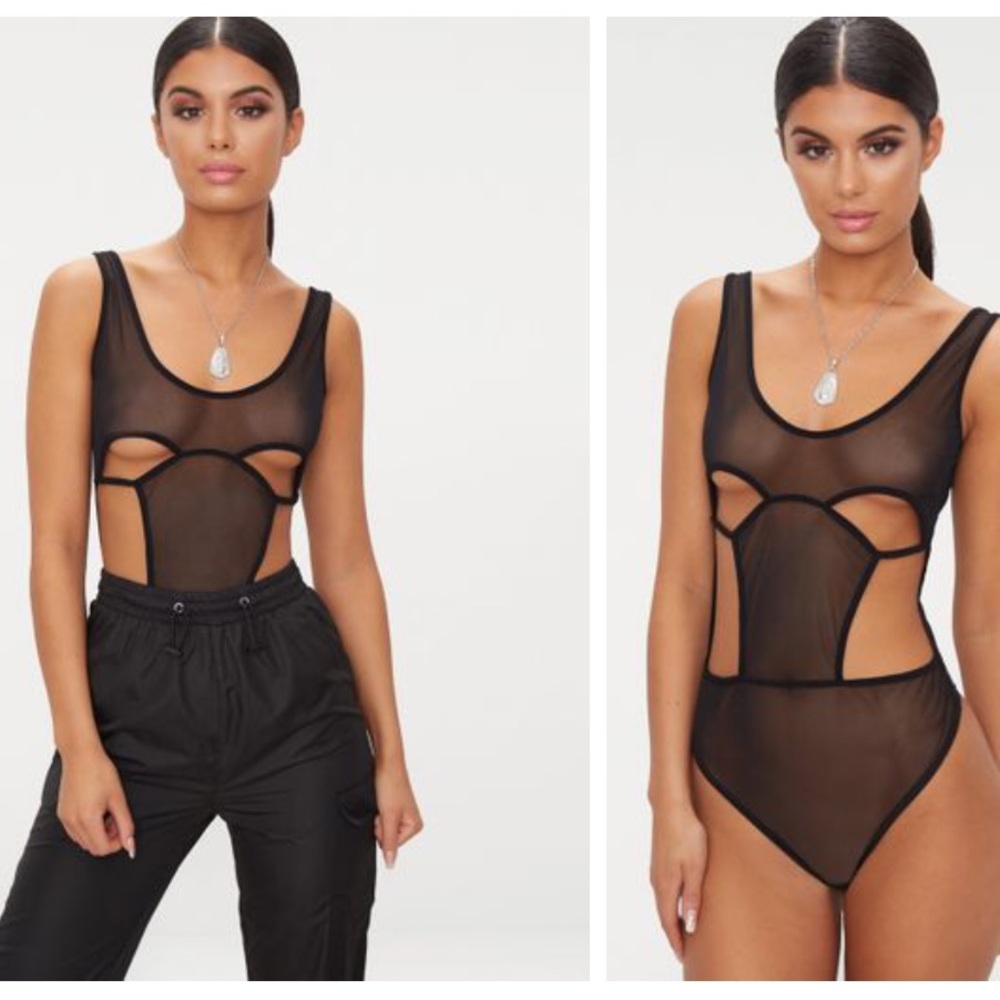 Black mesh cut out panel thong bodysuit